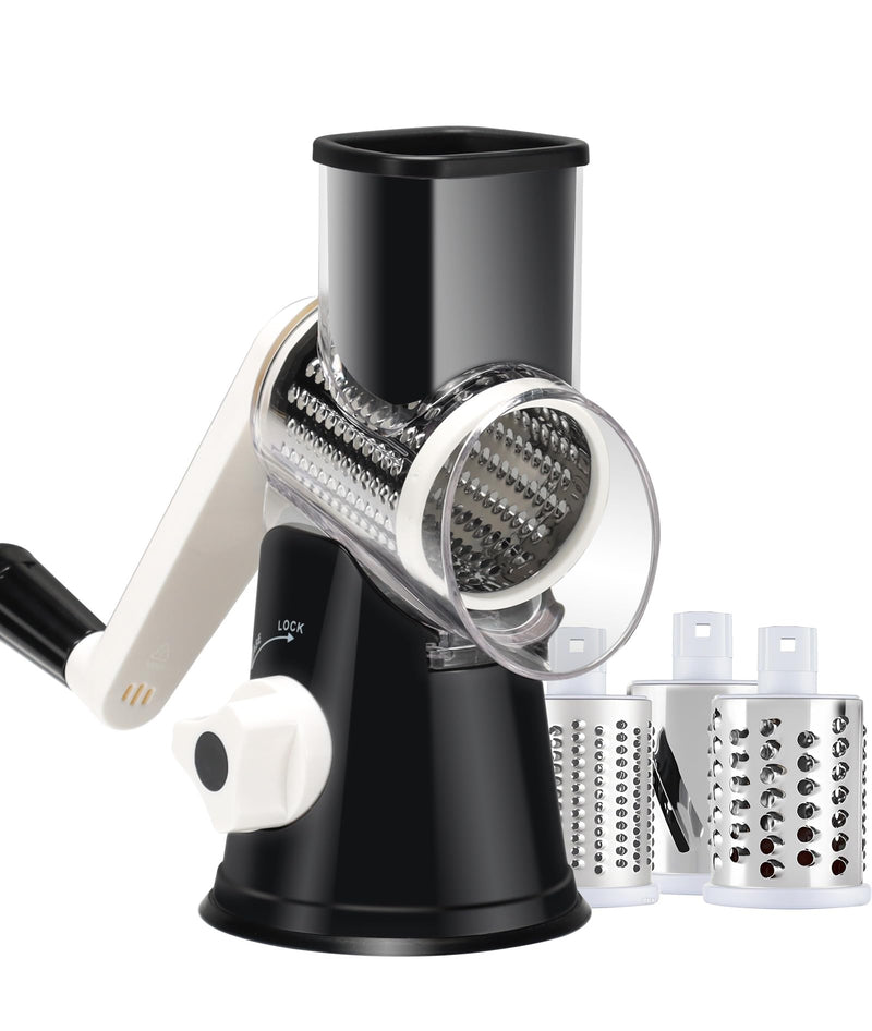 Cheese Grater Hand Crank, Rotary Vegetable Shredder with Handle and Strong Suction base, 3 in 1 Kitchen Speed Spin Veggie Slicer Nut Grinder for Pizza Top, Hash brown, Salad and More (Black) Stainless Steel + Plastic (BPA Free) Black
