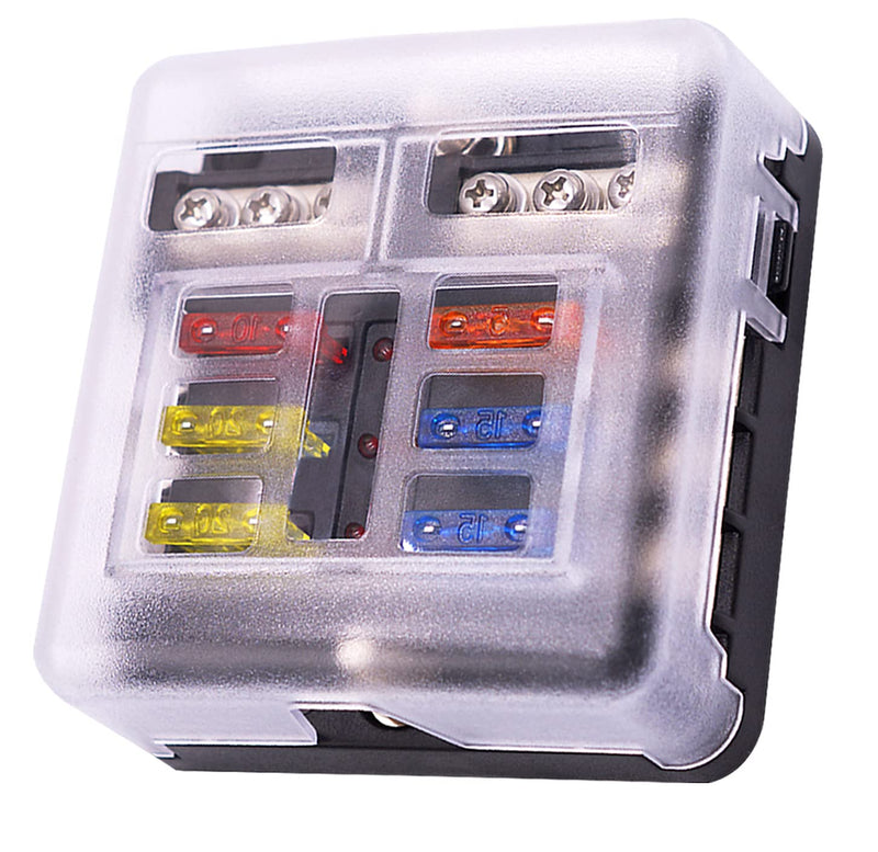 6 Way Fuse Block,12V Blade Fuse 6 Circuit ATC/ATO Waterproof Fuse Box Holder with LED Indicator Waterpoof Cover for 12V/24V Automotive Truck Boat Marine RV Van Vehicle 6 Way