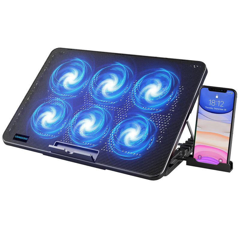 LIANGSTAR Laptop Cooling Pad, Laptop Cooler with 6 Quiet Fans for 12-17 Inch Notebook Gaming Fan Stable Stand, 7 Height & Wind Speed Adjustable, 2 USB Port & Phone Holder (Black) Black