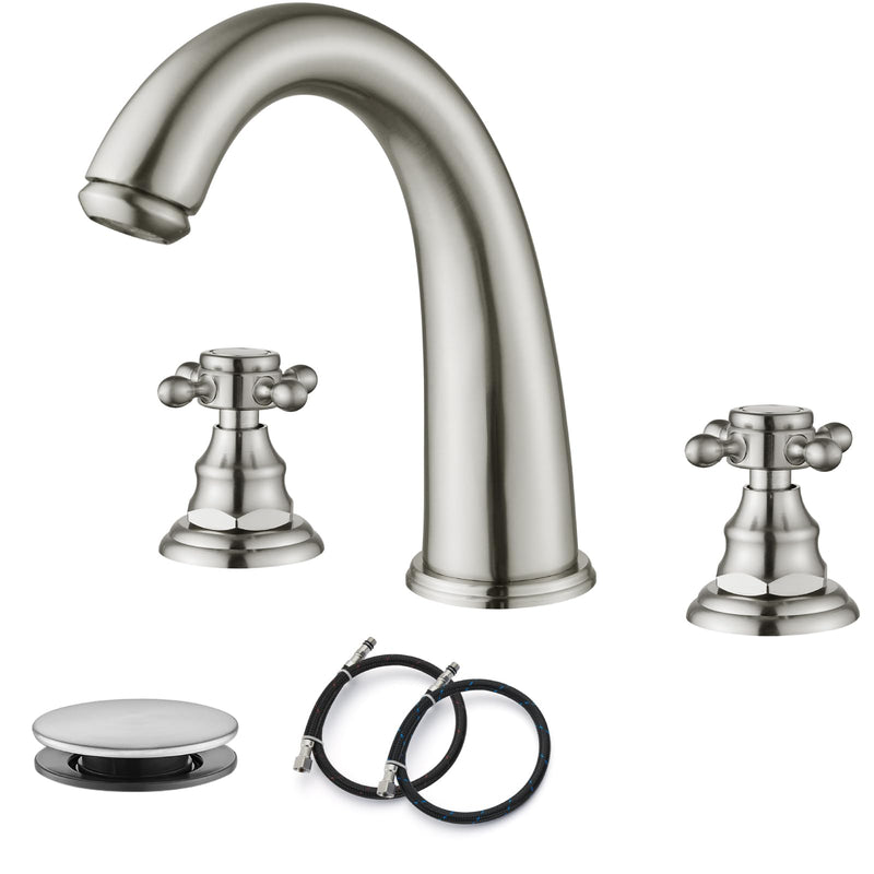 gotonovo 8 inch Widespread Bathroom Sink Faucet Fixtures Bathroom Faucets for Sink 3 Hole 2 Cross Handles Deck Mount with Pop Up Drain Water Supply Lines No Label Brushed Nickel