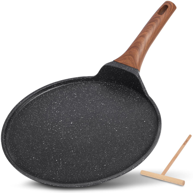 ESLITE LIFE 9.5 Inch Crepe Pan with Spreader, Nonstick Granite Coating Dosa Pan, Roti Tawa Comal Para Tortillas Pancake Griddle Pan, Induction Compatible, PTFE & PFOA Free, Black 9.5" w/spreader