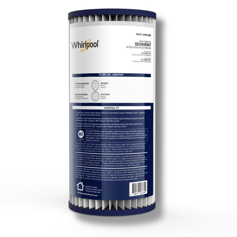 Whirlpool WHKF-WHPLBB Whole House Large Capacity Pleated Sediment Filter, Upgraded 20 Micron Reduces Sand, Soil, Silt & Rust, Fits 4.5" Diameter Standard Home Water Filter Housings 1 Count (Pack of 1)