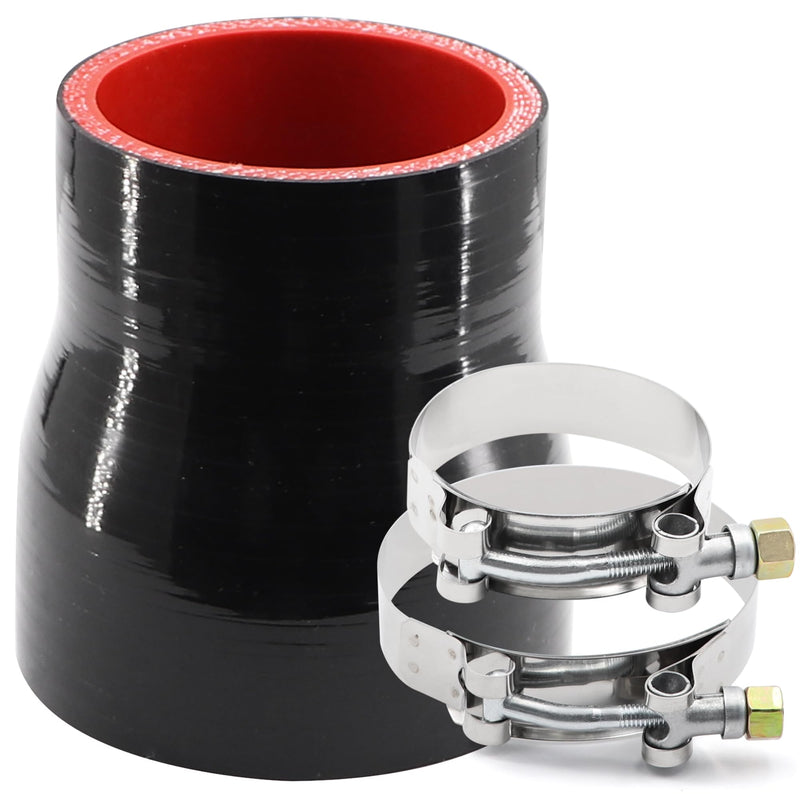 ID 2 to 2-1/2 inches Black Silicone Reducer Coupler with 2 T-Bolt Clamps 4 Layers of Polyester Reinforcement Suitable High Level Turbo Pipe ID2"-2.5"