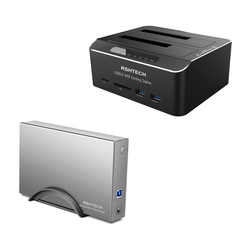 RSHTECH 3.5 inch Aluminum SATA Hard Drive Enclosure + SATA Dual Bay Hard Drive Docking Station