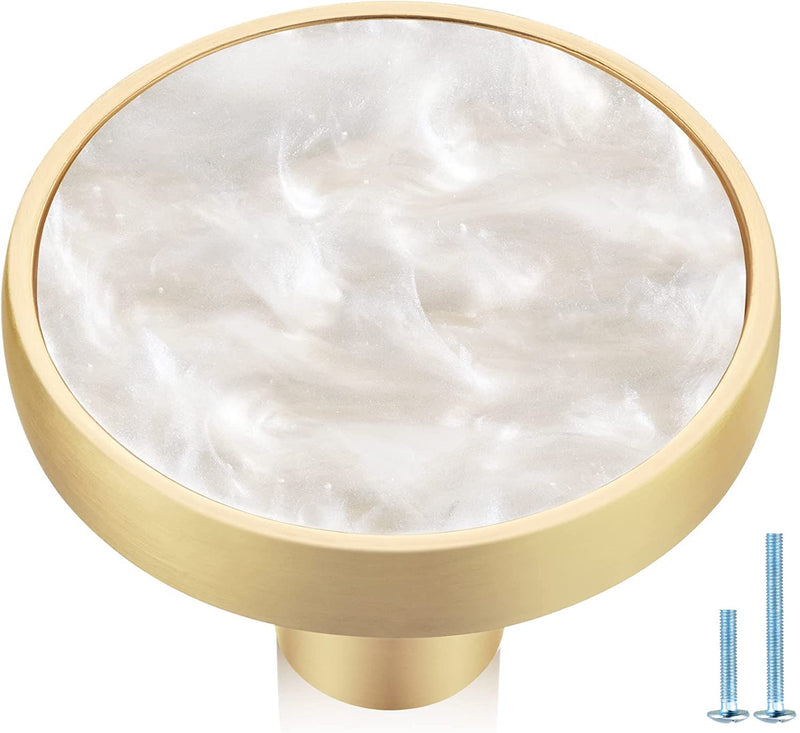 12 Pack Round Gold Cabinet Drawer Knobs,1-1/4 Decorative Pearl Drawer Pulls,Brushed Brass Furniture Hardware for Kitchen,Bathroom,Closet,Cupboard Door Pearlescent White 1-1/4 Knob 12