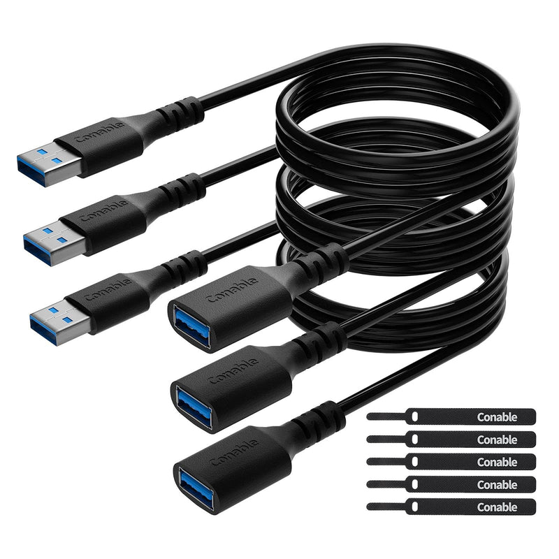 3 Pack USB 3.0 Extension Cable 10 Feet, USB A Male to Female Extender Cord, 5Gbps Data Transfer for Webcam, Printer, Keyboard, Mouse, Flash Drive, Hard Drive, Controller, Black Cable with 5 Cable Ties 10 Feet (3 Pack)