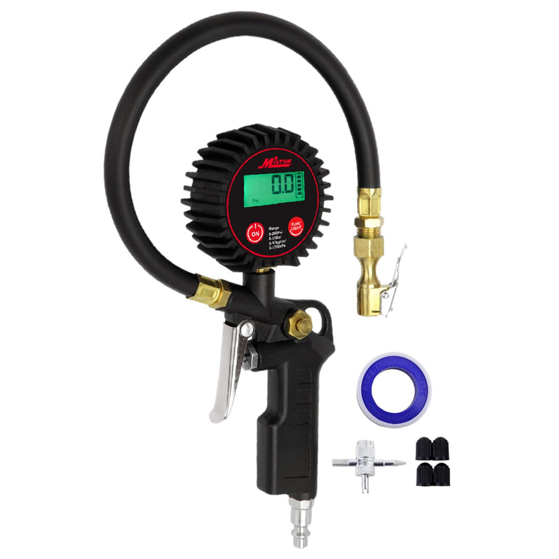 Milton 507KIT Digital Tire Inflator Car Accessories w/Accurate Air Tire Pressure Gauge, 14” Rubber Air Hose – 250 PSI, Brass Lock-On Clip Air Chuck and Compressor Accessories