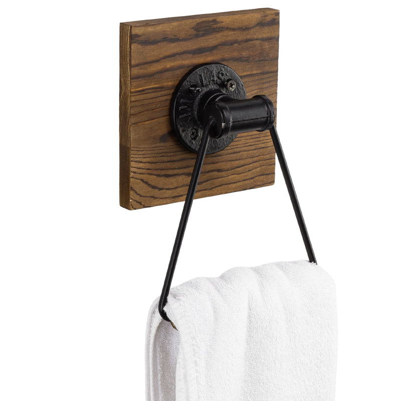 MyGift Bathroom Hand Towel Holder, Towel Rack Ring 5.5x8.7 inch for Kitchen, Laundry Room, Matte Black Industrial Metal with Rustic Solid Burnt Wood Dark Brown