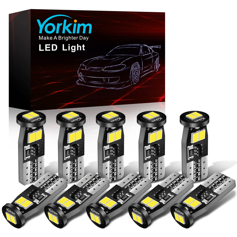 Yorkim 194 LED Bulb White CANBUS Error Free T10 LED 6-SMD 2835 Chipsets 2825 168 W5W Bulb No Polarity Replacement Bulbs for Map Dome Trunk Liscense Plate Lights, Pack of 10