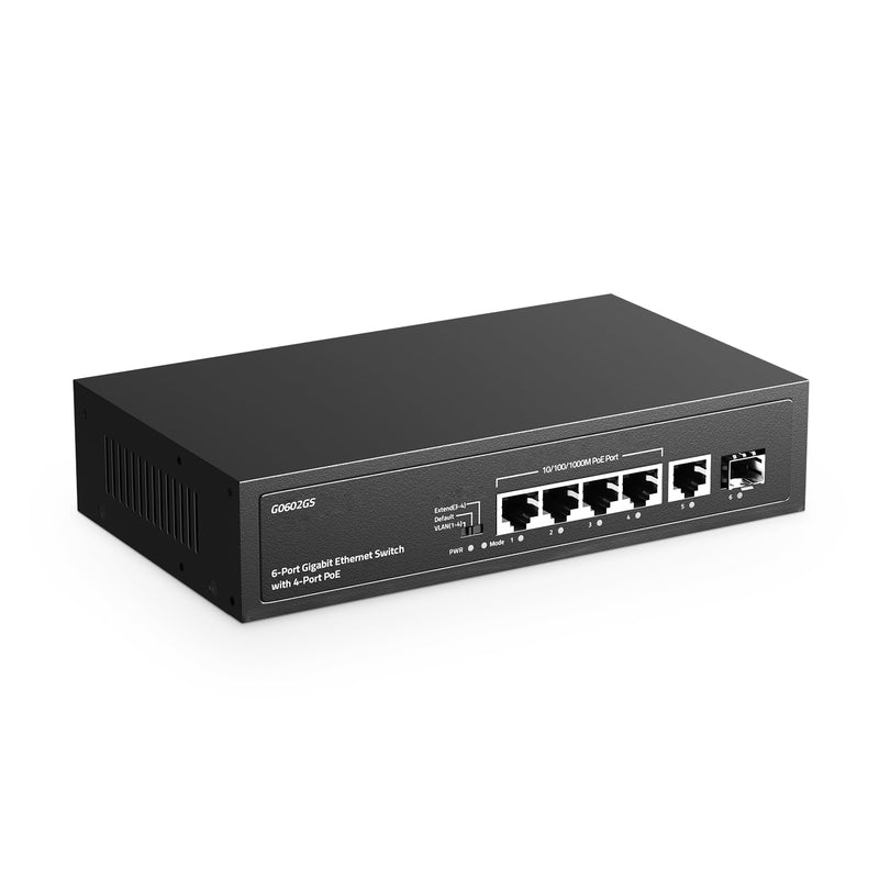 6 Port Gigabit PoE Switch, 4 POE+, 1 Uplink, 1 SFP, IEEE802.3af/at, Max 65W, VLAN & PoE Extend 250m, Fanless Plug & Play YuLinca Ethernet Switch 6x1G POE