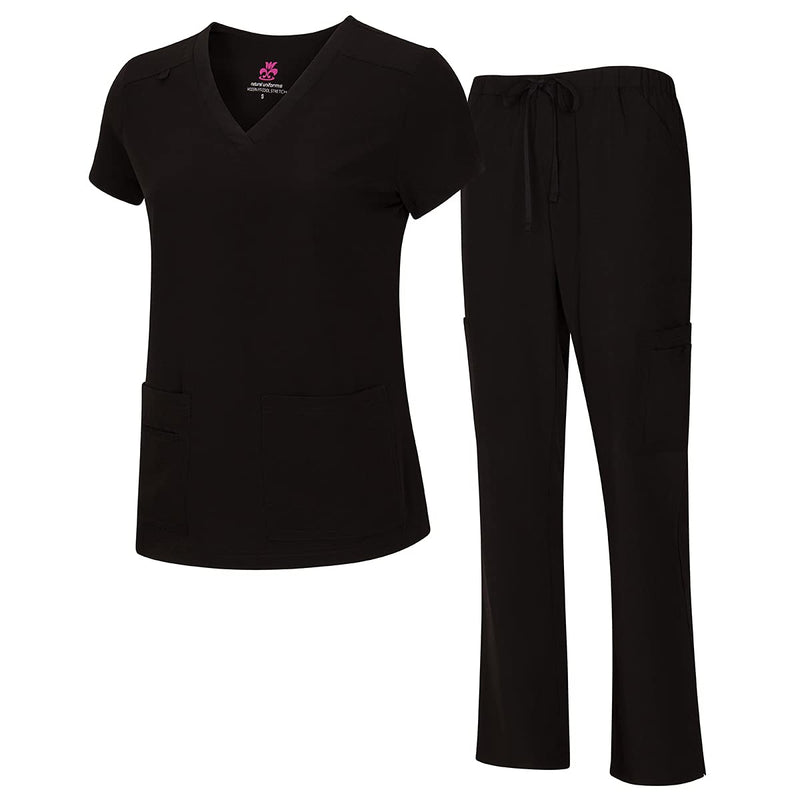 Natural Uniforms Women's Cool Stretch V-Neck Top and Cargo Pant Scrub Set with Regular and Petite Sizes Large Black