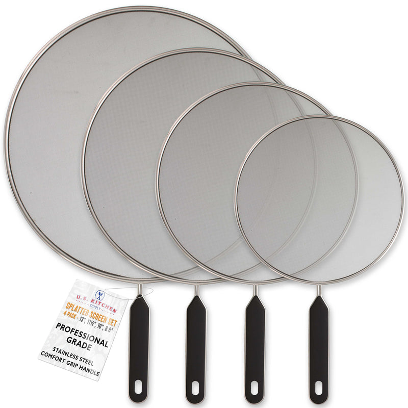 U.S. Kitchen Supply 4-Piece Stainless Steel Splatter Guard Set (13", 11.5", 10",8”) Fine Mesh Cover, Grease & Oil, Splatter Screen for Frying Pan, Cooking Pots, with Comfort Grip Handles 13", 11.5", 10", and 8"