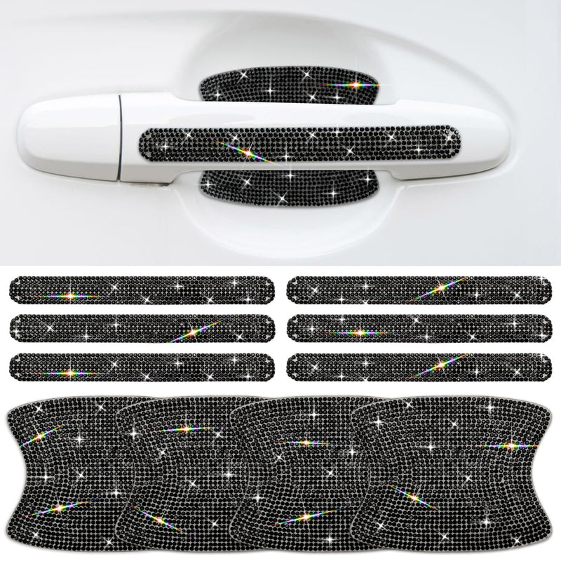 10PCS Car Door Handle Bling Rhinestones Stickers Universal Auto Door Handle Scratch Cover Guard Protective Film Pad with Safety Reflective Strips Black