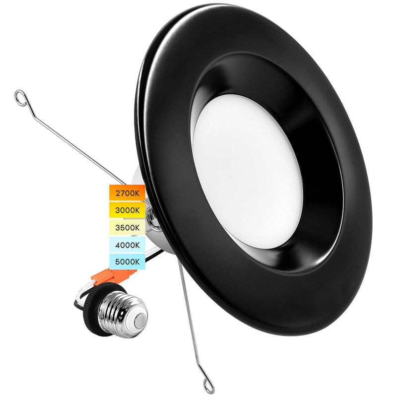 LUXRITE 5/6 Inch LED Recessed Retrofit Downlight, 14W=90W, CCT Color Selectable 2700K | 3000K | 3500K | 4000K | 5000K, Dimmable Can Light, 1100 Lumens, Wet Rated, Energy Star, Black Trim, IC Rated 1 Count (Pack of 1)