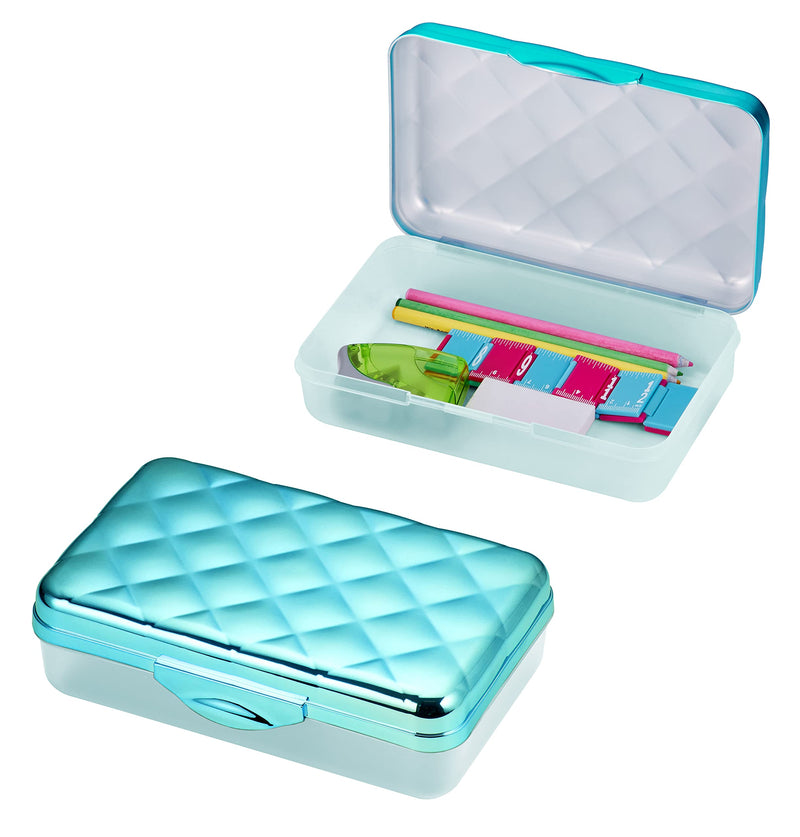 It's Academic Metallic pencil Case Box, Hard Plastic, Stylish Quited-Pattern Lid, Blue