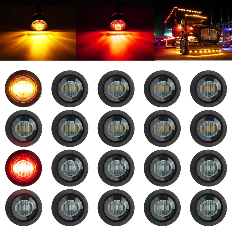 PSEQT 3/4 Inch Trailer Marker LED Lights, Side Clearance Indicators Tail Light Waterproof for Trailer Truck Car Bus Van Pickup RV Wrangler ATV UTV Boat (20pcs Smoked Lens Red & Amber LED) 10Pcs Smoked Red, 10Pcs Smoked Amber