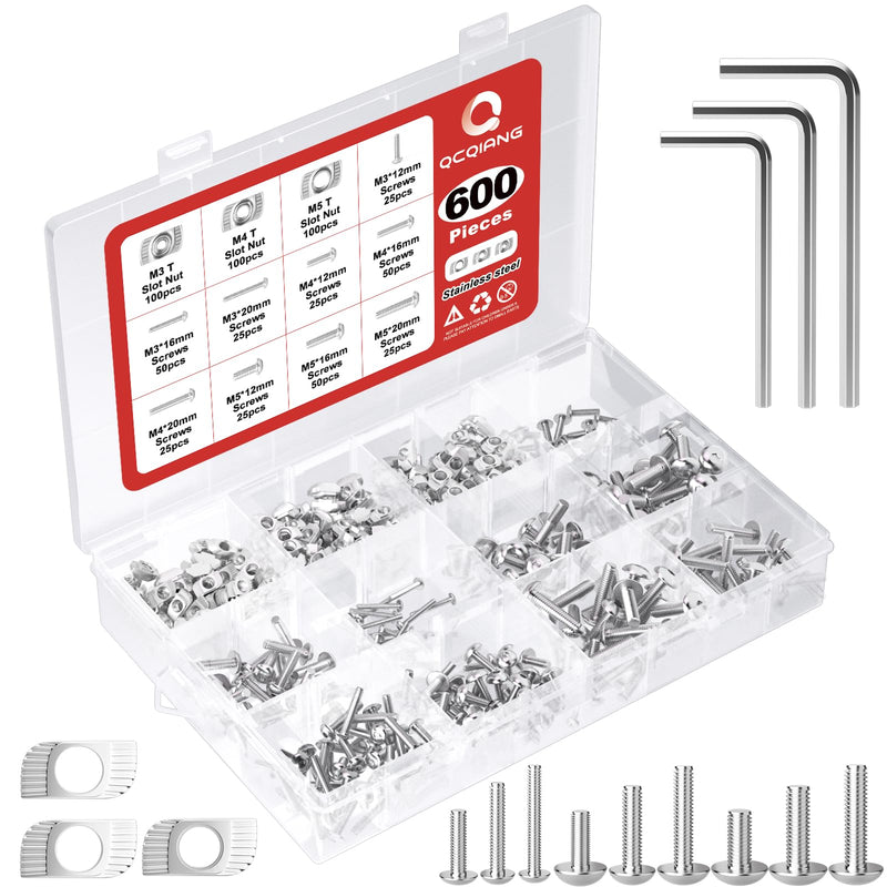 600pcs M3 M4 M5 Thread Sliding T-Nuts Assortment Kit, Hammer Nut with Hex Button Head Screws for Profile Groove