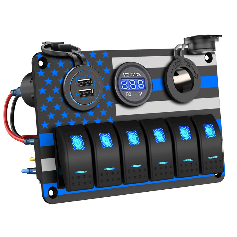 IZTOSS 6 Gang Switch Panel Waterproof Rocker Switch Panel Aluminum American Flag Design Marine Swtich Panel with Dual USB Charger, Digital Voltmeter, Power Socket for Boat Car RV Blue LED