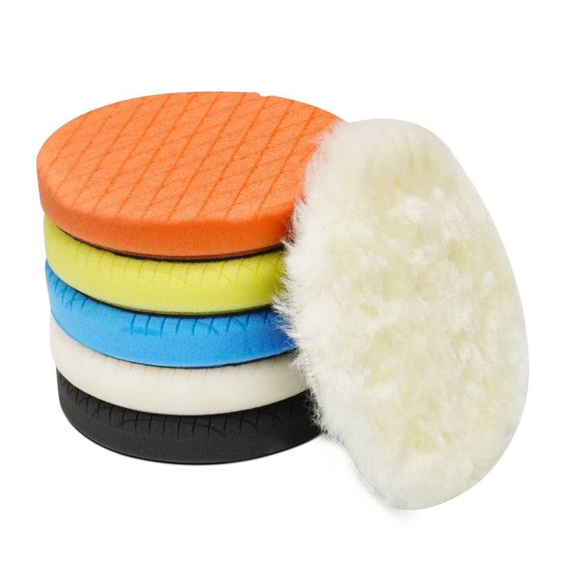 Autolock 5" Buffing Polishing Pads, 6Pcs 5.6inch 140mm Face for 5 Inch Backing Plate Compound Buffing Sponge and Woolen Pads Cutting Polishing Pad Kit for Car Buffer Polisher, Polishing and Waxing 5Inch 6Pcs