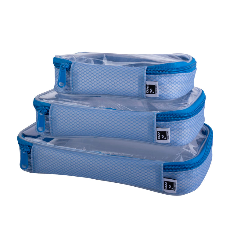 Set of 3 Transparent TPU Storage Cases, Blue, Small Medium Large, 170 x 50 x 135 mm to 250 x 50 x 160 mm, Clear Zip Organisers for Camera Gear, Cables, Tools and Accessories