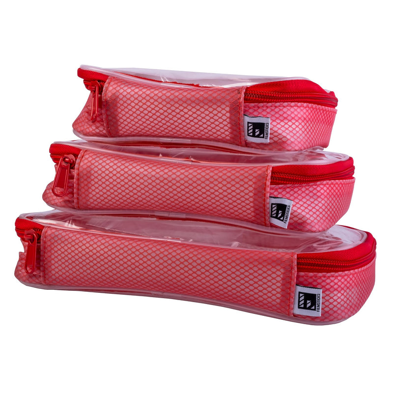 Set of 3 Transparent TPU Storage Cases, Red, Small Medium Large, 170 x 50 x 135 mm to 250 x 50 x 160 mm, Clear Zip Organisers for Camera Gear, Cables, Tools and Accessories | Durable TPU cases with EVA sides and mesh inserts for electronics, cables and...