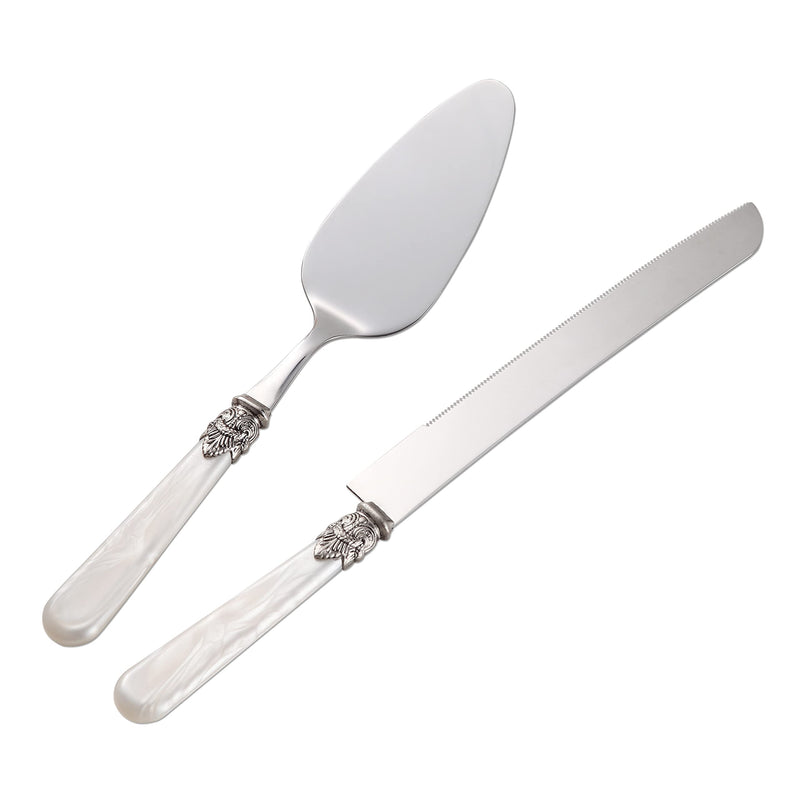 Wedding Cake Knife and Serve Set, Fancy Hand Craft Italian Style Design, Pearl Pie Knife Server Set, Vintage Silverware,Cake Cutter Set, Cake Knife Gift Set, 2 pcs (White) White