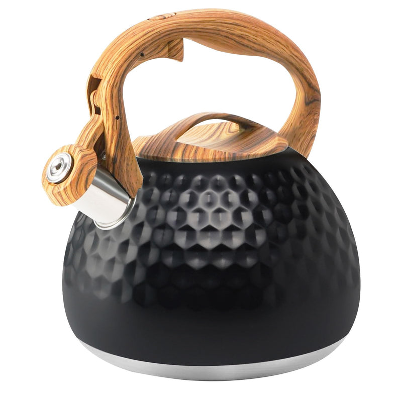 Tea Kettle Stovetop, 3.2 Qt Stainless Steel Whistling Kettle for Stove Top, Food Grade Teapot with Wood Pattern Handle for Coffee, Milk etc, Gas Electric Applicable (Black) Black