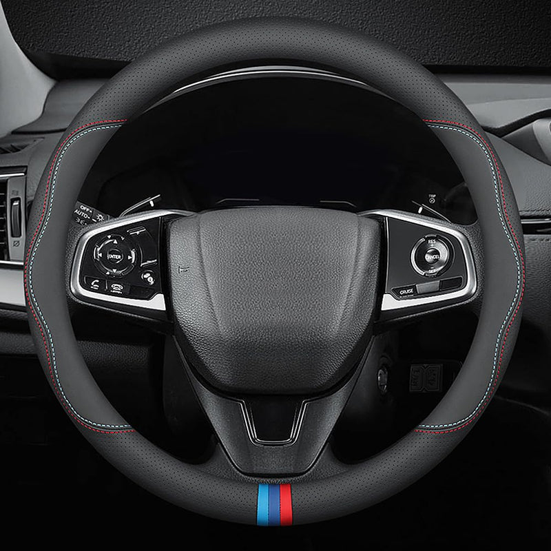 New Nappa Leather car Steering Wheel Cover, Universal 15 inch Black Black(red and Blue Signs)