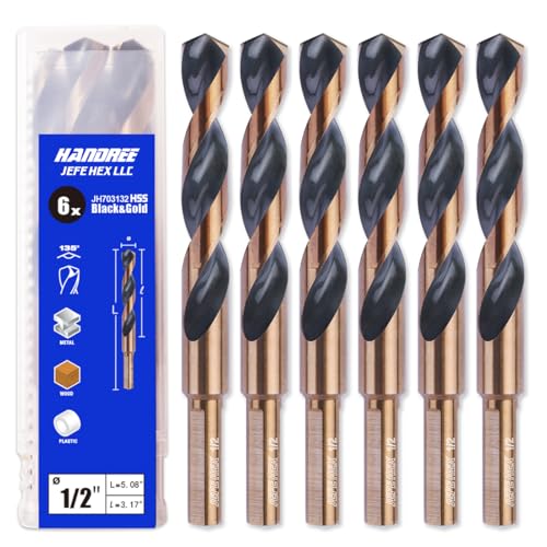JEFE HEX 1/2" Dia. 5" OAL HSS Twist Drill Bit, General Purpose, 3-Flat Shank, Black and Gold Finish, 135 Degree Split Point, Ideal for Steel/Wood/Copper/Aluminum/Zinc Alloy/Plastic. (6-Piece) 1/2" (6-Piece)