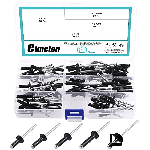 80Pcs 3/16" Long Grip Tri-Grip Rivets Tri-Fold Tri Bulb Long Pop Mounting Rivet Kit for Kayak and Boat Accessories 80 Black