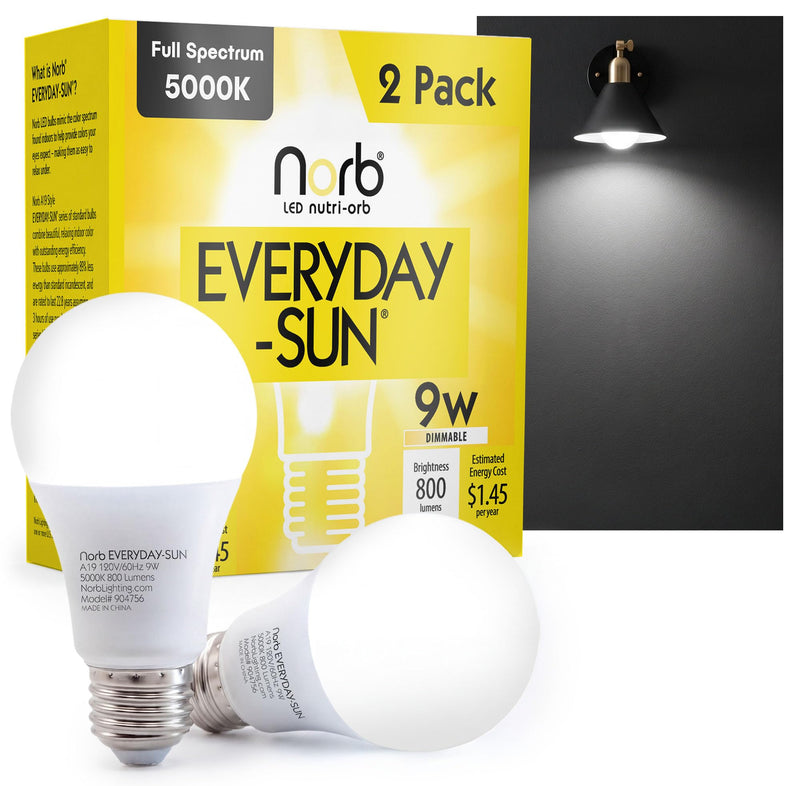 Norb Everyday Sun Light Bulbs | Full Spectrum Light Bulb LED 5000K Daylight | High CRI 97 Natural Color | Dimmable 800 Lumens A19 E26 for Energy, Mood & Performance | Energy Efficient 9W | 2-Pack