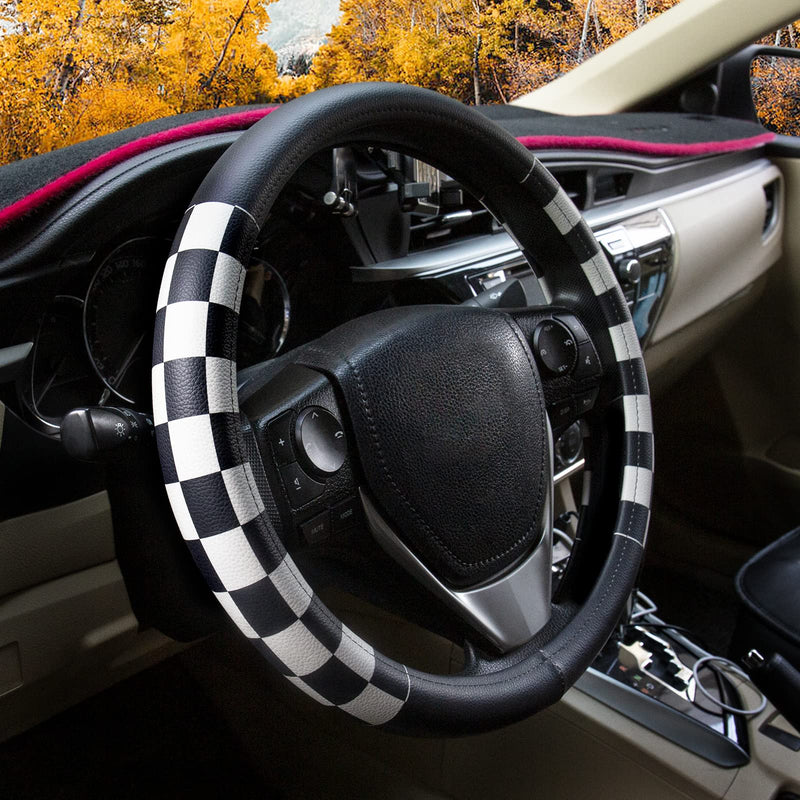 Evankin Lattice Leather Steering Wheel Cover, Black and White Checker Car Accessories, Non-Slip and Comfortable Unisex Universal Steering Wheel Cover 15 inch for Women Men (Black and White Checker) leather Black and White Checkered