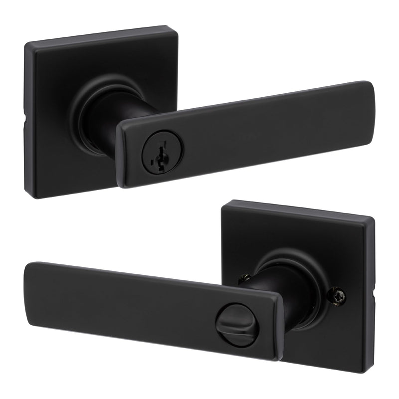 Kwikset Breton Entry Door Handle with Lock and Key, Secure Keyed Reversible Lever Exterior, For Front Entrance and Bedrooms, Matte Black , Pick Resistant Smartkey Rekey Security and Microban 1 Pack Keyed Entry