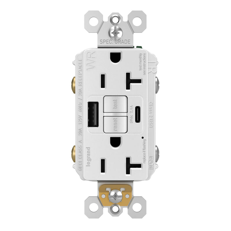 Legrand Pass & Seymour Radiant 20 Amp GFCI Weather-Resistant Wall Power Outlet with 2.0 Amp USB A/C Charger, White