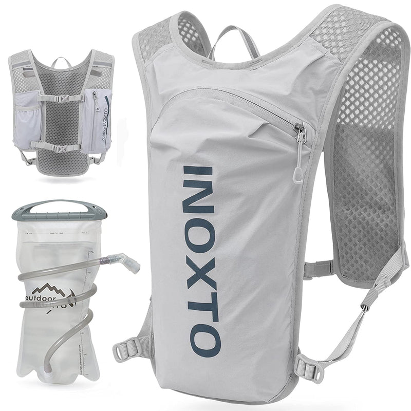 INOXTO Running Hydration Vest Backpack,Lightweight Insulated Pack with 1.5L Water Bladder Bag Daypack for Hiking Trail Running Cycling Race Marathon for Women Men Light gray