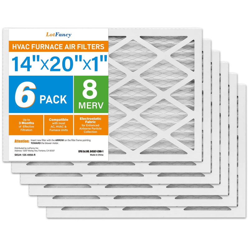 LotFancy 14x20x1 Air Filter MERV 8 6-Pack, Actual Size: 13.75"x19.75"x0.75",Pleated Furnace & AC Filter Replacement, Captures Dust, Pet Hair, Pollen MERV 8 6pcs