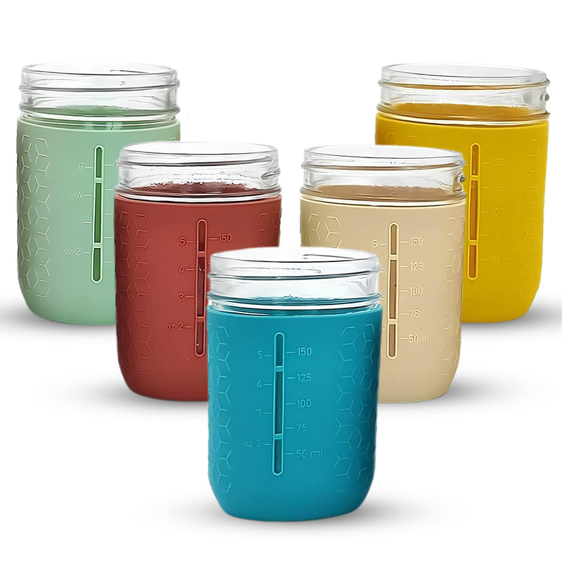 Silicone Mason Jar Sleeves | Anti-Slip Protectors for 8 oz Regular Mouth Ball & Kerr Jelly Canning Jars | Kids Cup Holders with Measurement Markings | Dishwasher Safe Jar Jackets - 5 Pack Gender Neutral Combo
