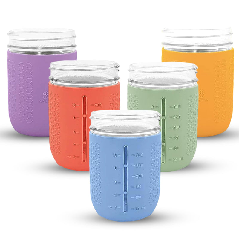 Silicone Mason Jar Sleeves Spring Summer Set | Anti-Slip Protectors for Wide Mouth 16oz Jelly Canning Jars | Cup Holders with Measurement Markings | Dishwasher Safe Jar Jackets - 5 Pack 5, Wide M, Spring Summer