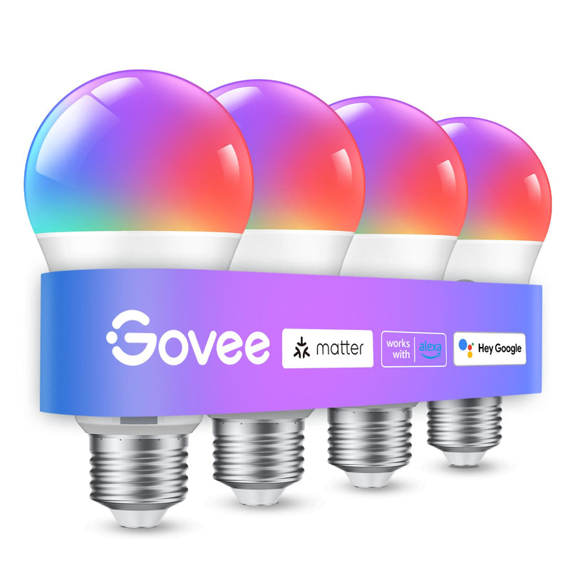 Govee Smart Light Bulbs, Color Changing Light Bulb, Work with Alexa and Google Assistant, 16 Million Colors RGBWW, WiFi & Bluetooth LED Light Bulbs, Music Sync, A19, 800 Lumens, 4 Pack