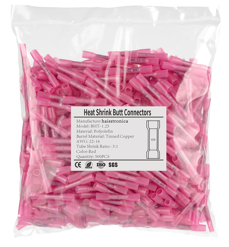 500PCS Red Heat Shrink Butt Connectors AWG22-16,haisstronica Marine Grade Heat Shrink Wire Connectors,Tinned Red Copper 0.7mm,Waterproof Insulated Crimp Butt Splice Electrical Connectors AWG22-16 Red 500pcs