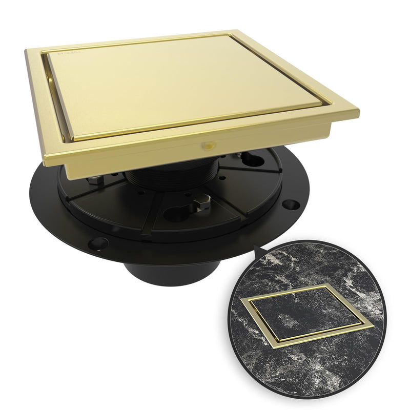 WEBANG 6 Inch Square Shower Drain Gold Floor Drain with Flange Reversible 2-in-1 Cover Tile Insert Grate Removable SUS304 Stainless Steel CUPC Certified Brushed Gold