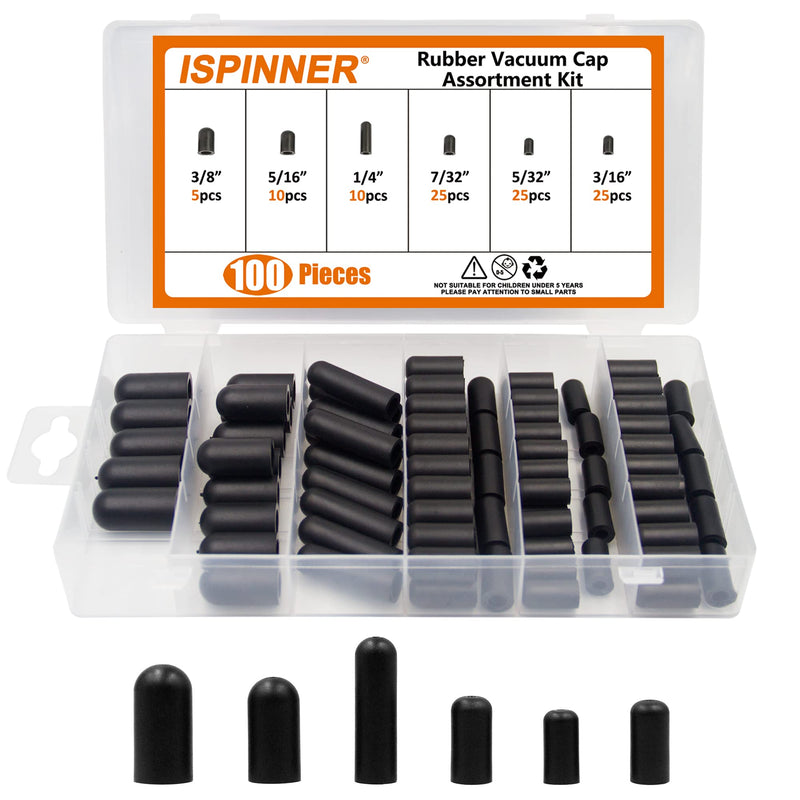 ISPINNER 100pcs Rubber Vacuum Caps Assortment Kit, Hose End Caps for Carburetor, Manifold, Automotive 3/16" 5/32" 7/32" 1/4" 5/16" 3/8" 100