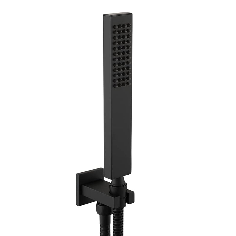 Asyas Solid Brass High Pressure Hand Held Shower Square Sprayer Head with Fixed Elbow Wall Connector Shower Holder and Hose Set Matte Black Black handheld set