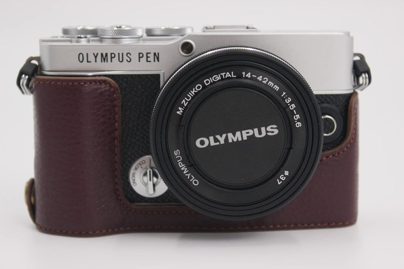 E-P7 Case, BolinUS Handmade Genuine Real Leather Half Camera Case Bag Cover for Olympus Pen E-P7 EP7 Bottom Opening Version + Hand Strap (Coffee) Coffee