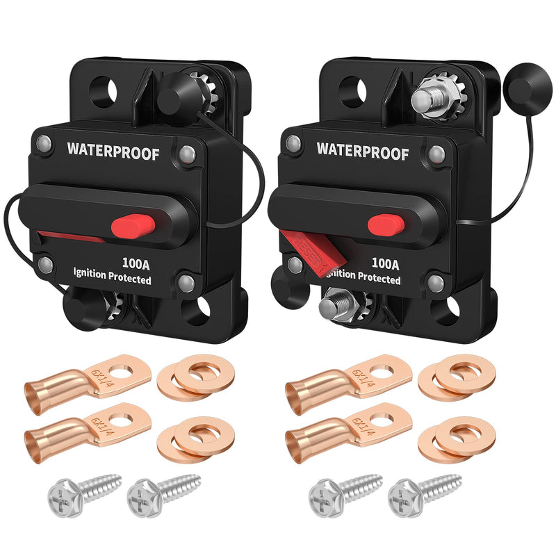 DaierTek 100 Amp Circuit Breaker 12V - 48V, DC 12 Volt Circuit Breaker 100A Inline with Manual Reset Waterproof for Marine Boat Trolling Automotive Car RV ATV Audio-2Pack CB-03