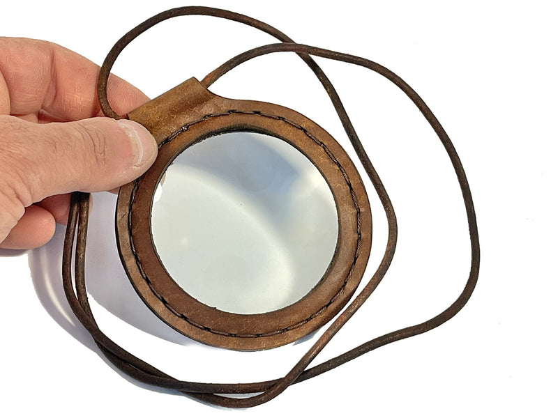 Huge Magnifying Glass Leather Strap Necklace Magnifier Pendant Firestarter Camping Hiking Jeweler's Loupe, Brown, 3in 76mm