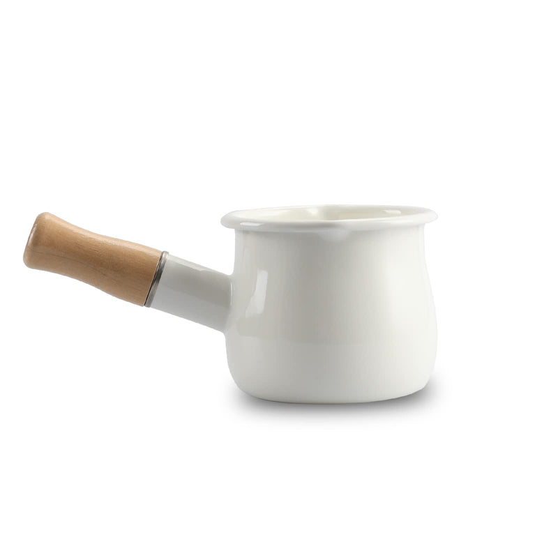 0.6qt Mini Enamel Milk Pot Insulated Wooden Handle 2 Pour Spouts Small Food Warmer Cute Saucepan(D015,White) White