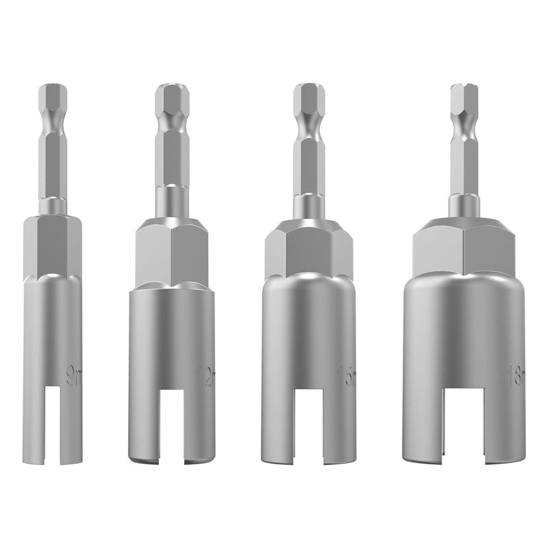 4 Pack (9mm,12mm,15mm,18mm) 1/4 Inch Hex Shank Nut Driver, Power Wing Nut Driver Set Bit Socket Wrenches Tools Set Slot Wing Nuts Drills Bits for Panel Nuts Screws Eye C Hook Bolt 4 Pack 4 Size