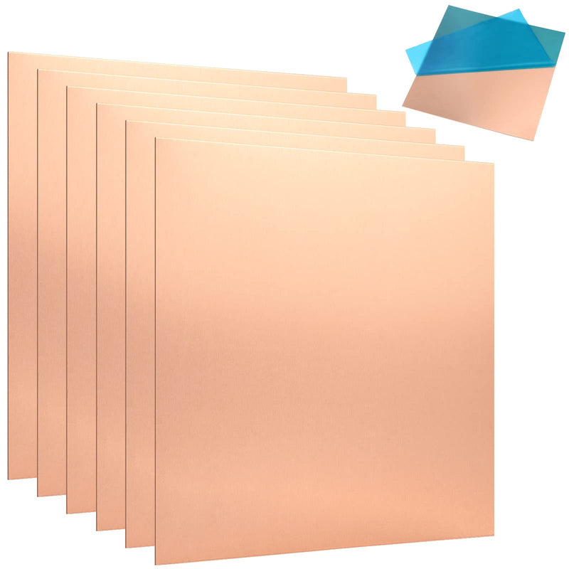 6 Pcs 6" x 6" Copper Sheets, 20 Gauge/0.8mm Thick Pure Copper Sheet, Metal Copper Sheet with Protective Film for Crafting, Repairing, Electrical