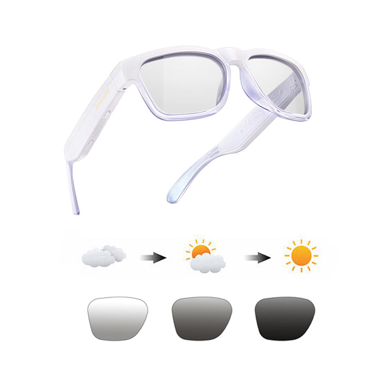 OhO Smart Glasses,Polarized Sunglasses with Bluetooth Speaker,Athletic/Outdoor UV Protection and Voice Control,Unisex(Transitional Lens) Shiny White Frame-transitional Grey Lens